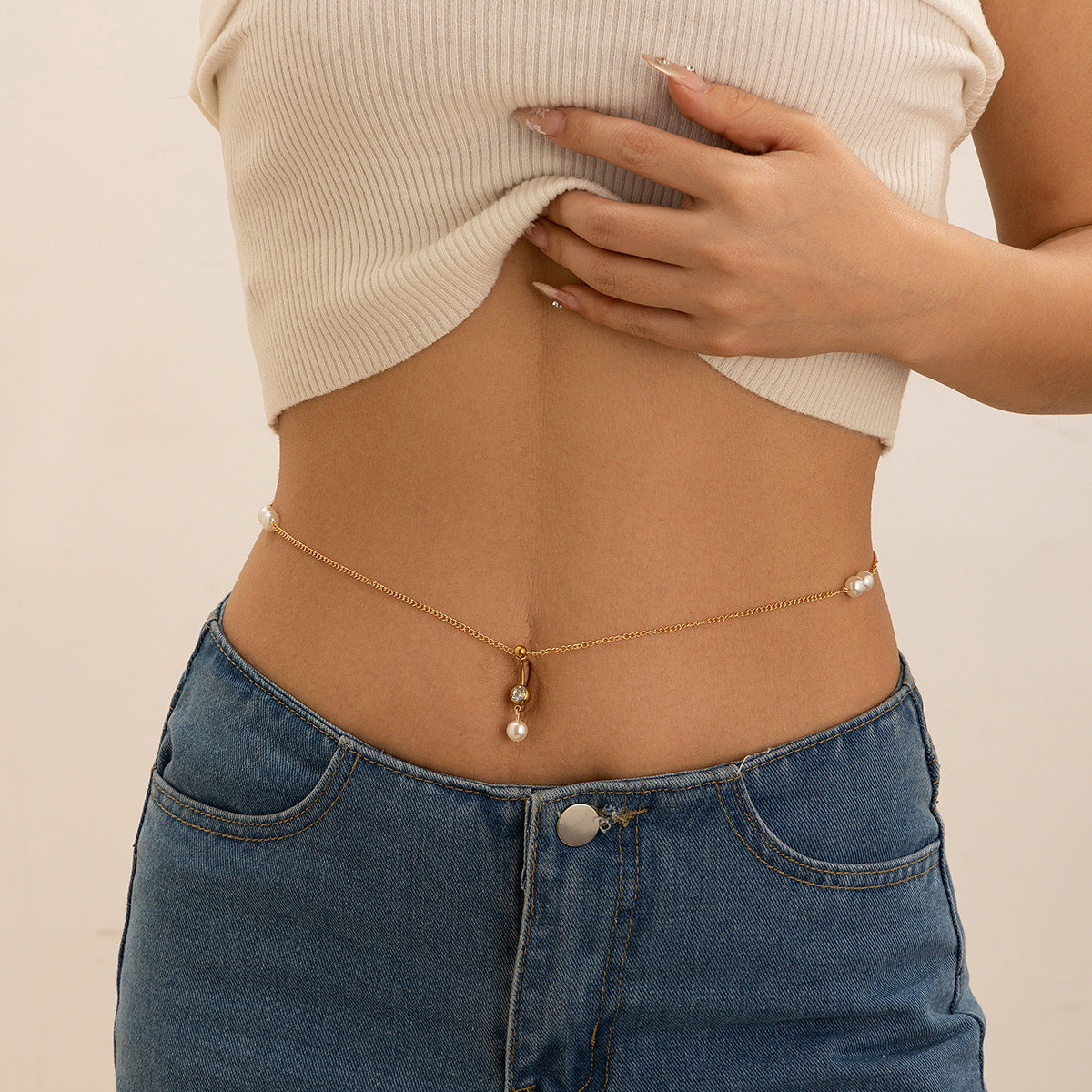 Zircon navel nail body chain sexy imitation pearl tassel chain
