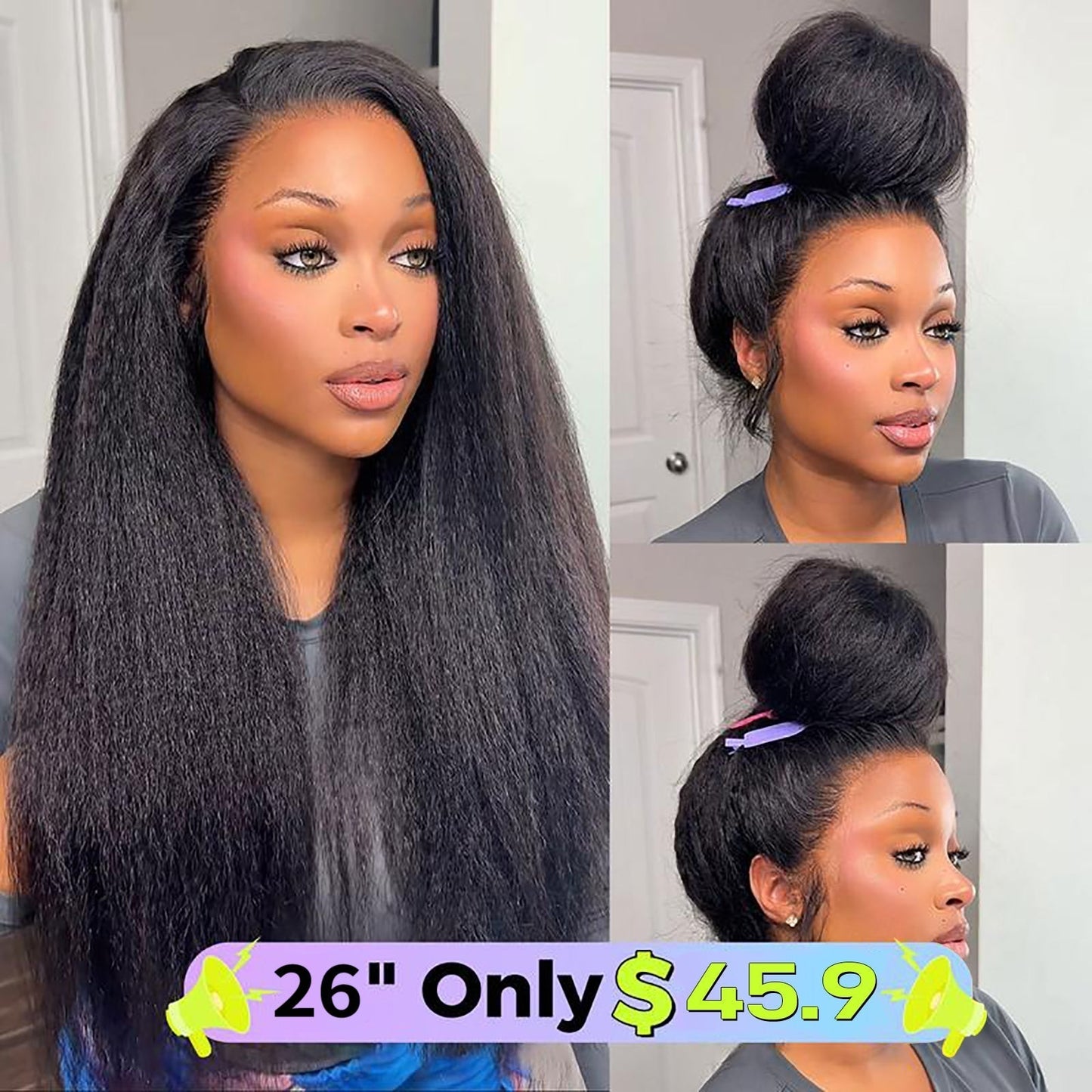 🔥Sale Happening Now:70%OFF🔥Pre-Cut Lace Kinky Straight 360 Full Lace Frontal Glueless Wig With Invisi Drawstring Pre Plucked Human Hair Wig（sku）